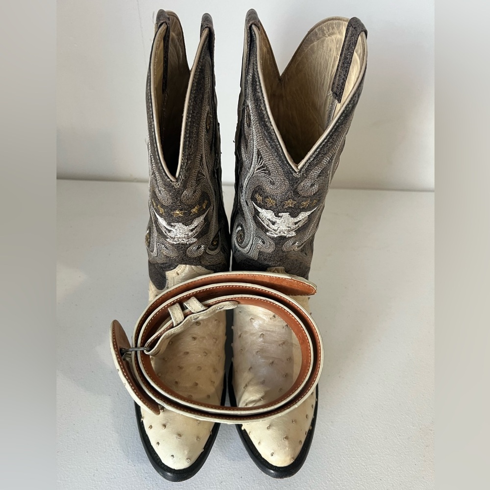 El General Genuine Ostrich Size 8.5  Boots + Matching Belt Wester Cowboy Men’s
